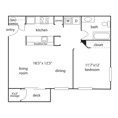 Floor plan for 1 bed, 1 bath, 711 sqft
